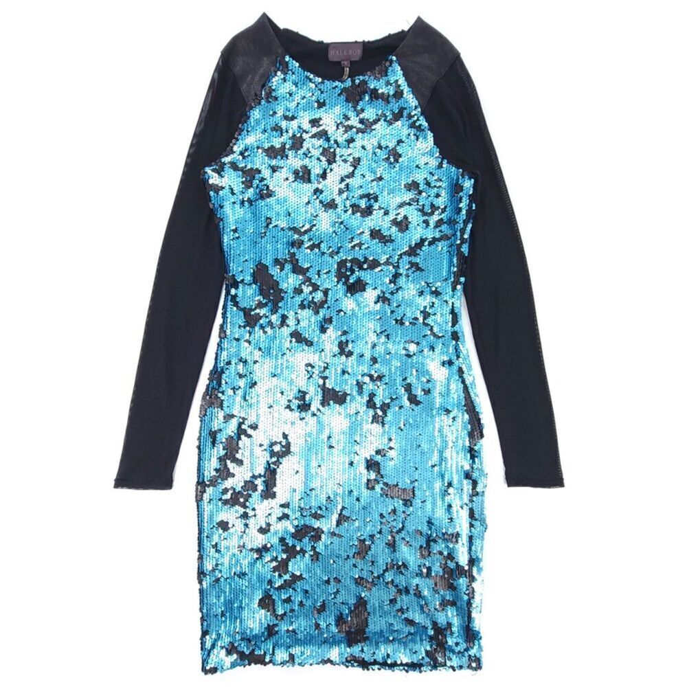 HALE BOB Black Mesh Mermaid Blue Sequin Long Sleeve Cocktail Mini Dress Small